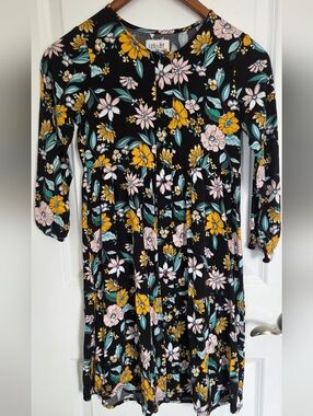 Kids Floral Black Long-Sleeve Dress with Yellow & Pink Blooms